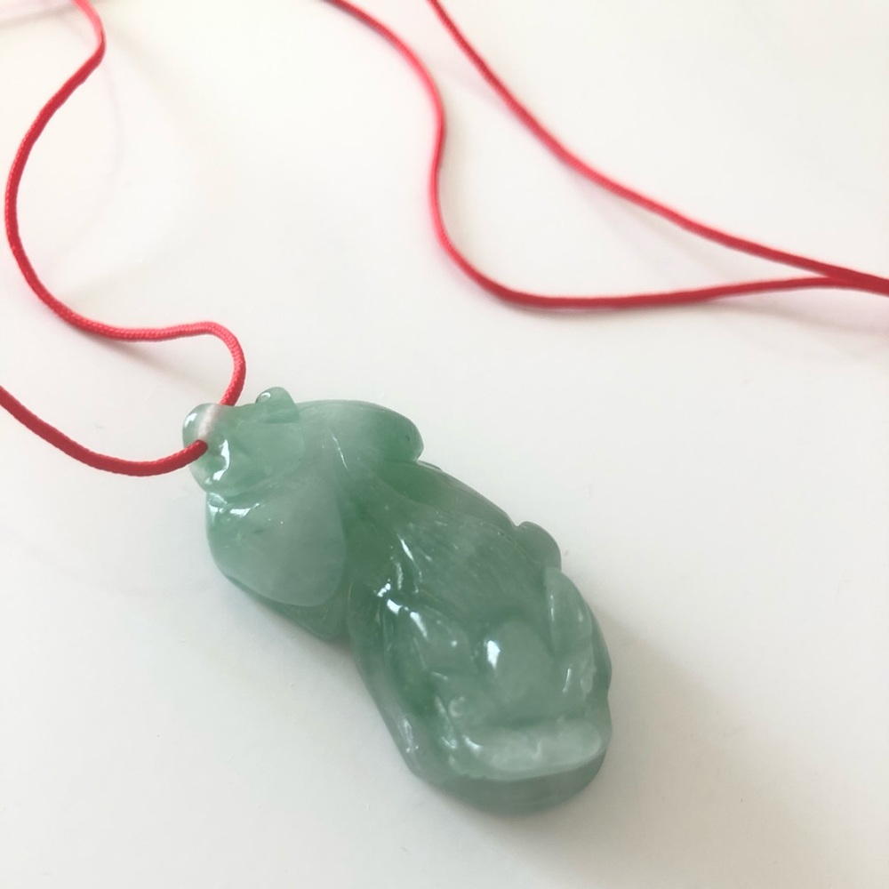 Green Jade Pixiu Pendant Necklace on Red Cord - Unbranded